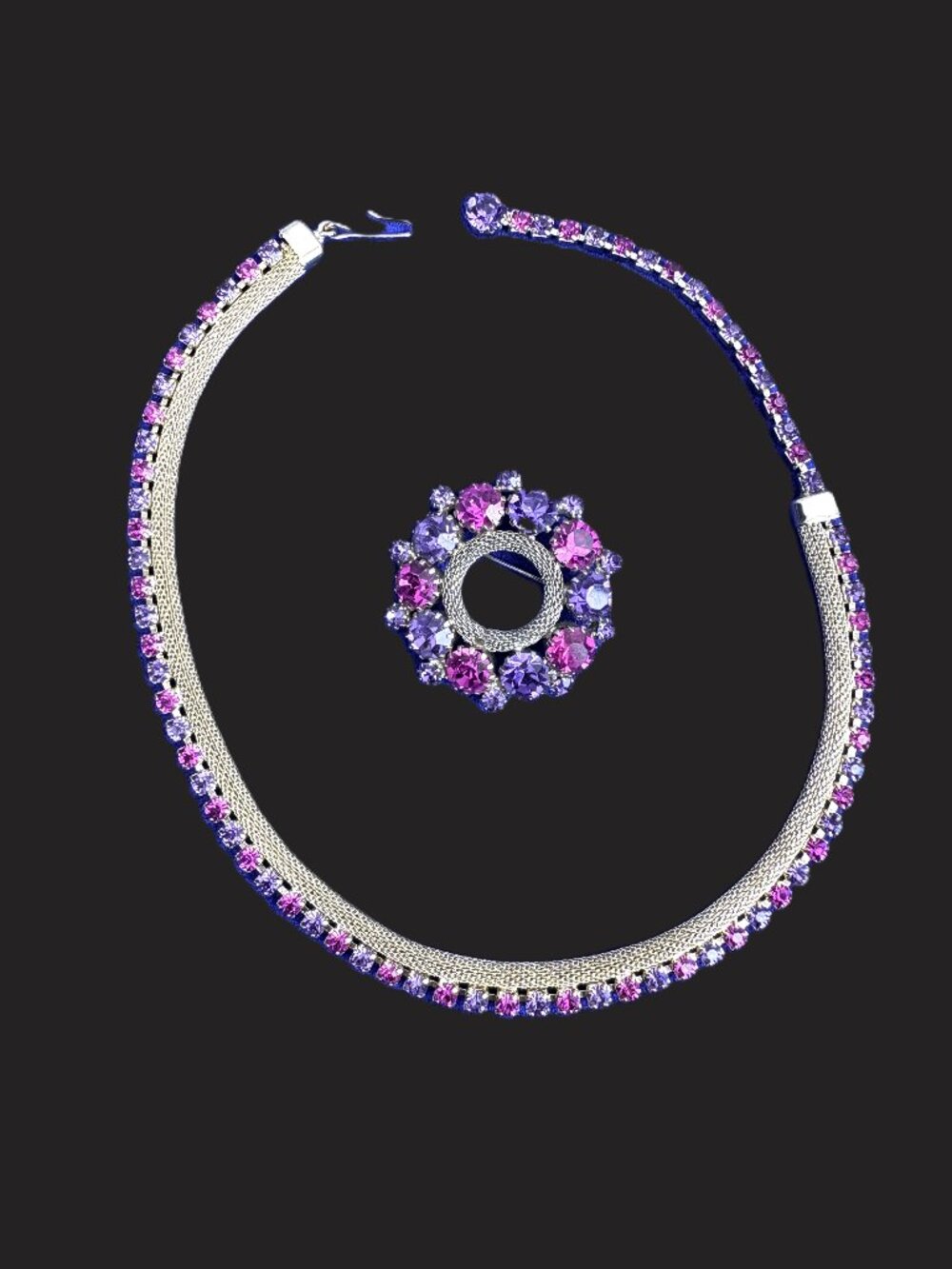 Vtg Signed Weiss Gold Tone Pink Purple Rhinestone Mesh Choker & Brooch Set